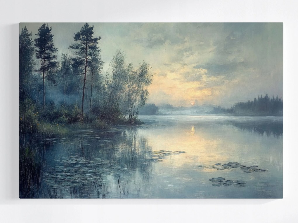 Vászonkép Canvas Tájkép Tó Fák Naplemente Köd 120x80