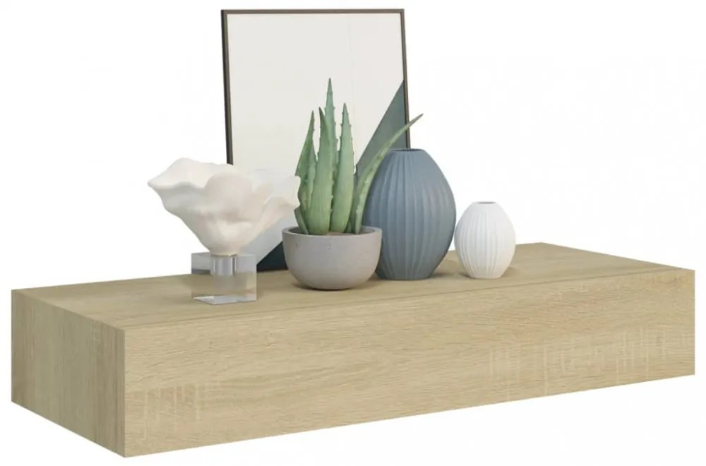 tölgyszínű MDF falra szerelhető fiókos polc 60 x 23,5 x 10 cm