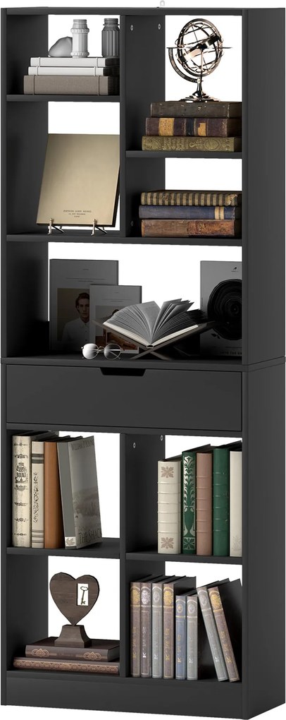 HOMCOM Polc Fiókkal és 9 Tárolórekesszel - 60x26x158 cm - Fekete | Aosom