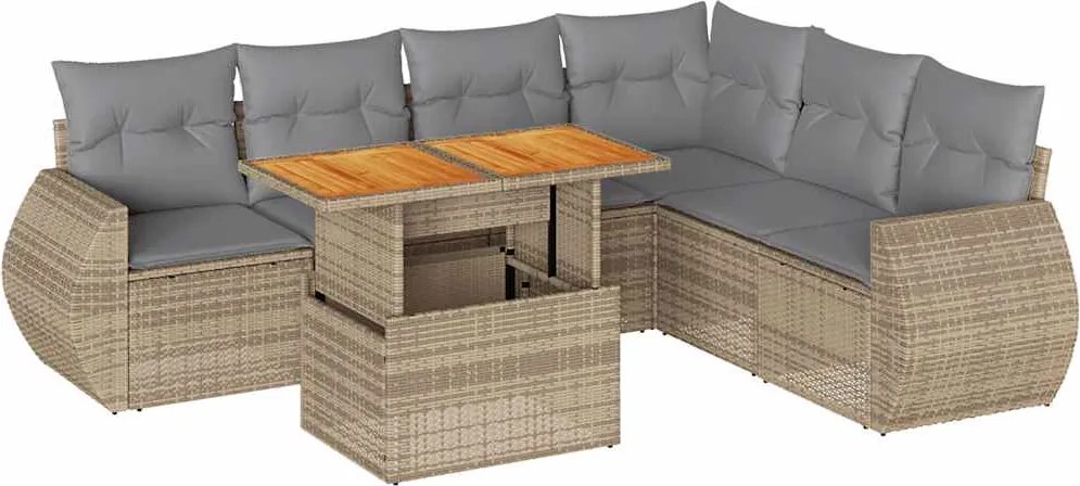 vidaXL 7 részes bézs polyrattan kerti ülőgarnitúra párnákkal