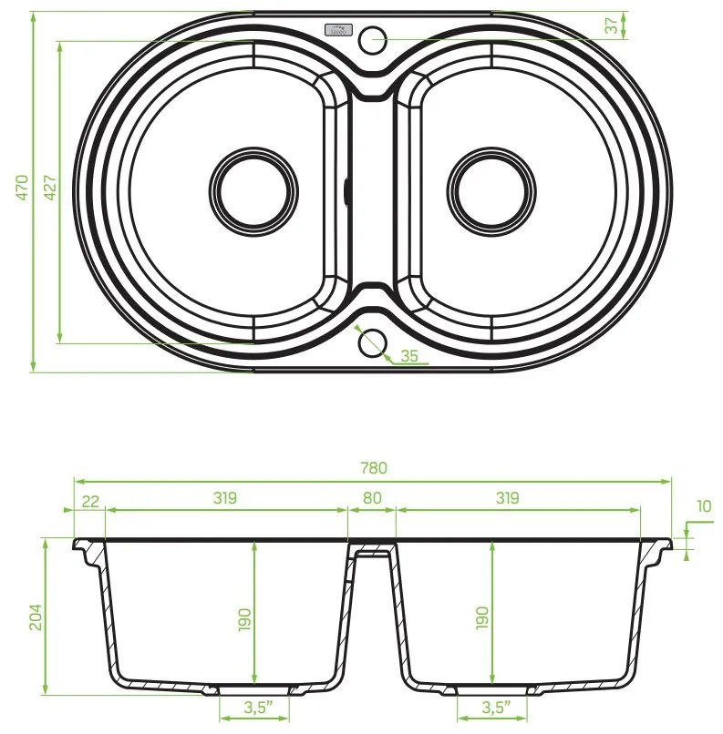 Laveo Dafne, 2-kamrás gránit mosogató 780x470x204 mm, fekete, LAV-SBD_720T