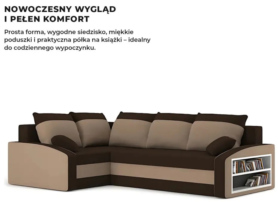 Grande sarokkanapé polcokkal , polc a jobb karfaban, baloldali, szövet anyag, hab töltet, barna