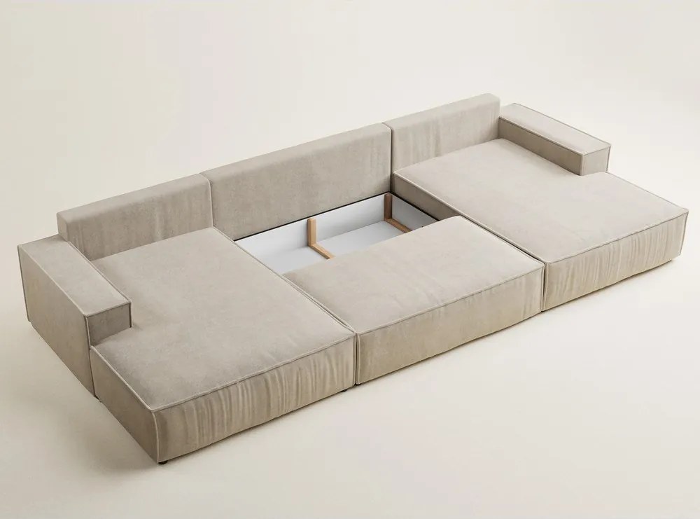 Bézs zsenília kinyitható-tárolóhelyes sarokkanapé (U alakú) Kyoto – Maison de Rêve
