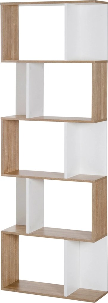 HOMCOM 5-Szintes Könyvespolc Fa Könyvespolc S-alakú Modern Dizájn Nappaliba Irodába 60x24x184,5 cm Fehér és Fa | Aosom