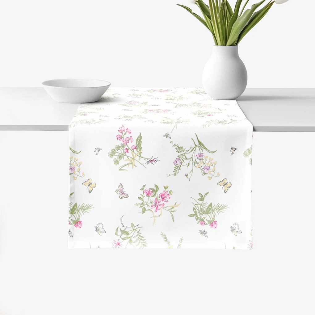 Goldea pamut asztali futó - színes réti virágok fehér alapon 50x120 cm