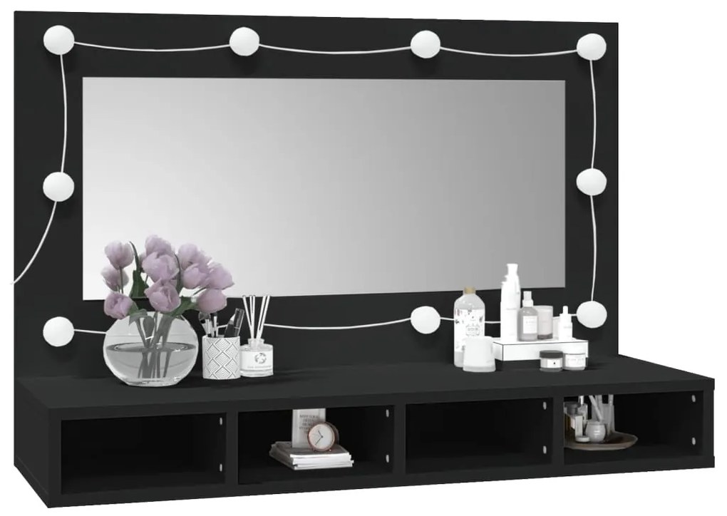 fekete tükrös szekrény LED-ekkel 90x31,5x62 cm