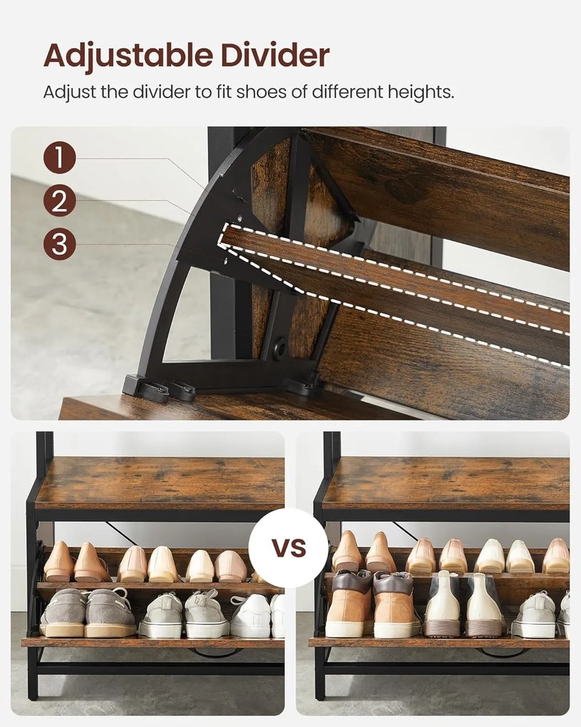 Fogas cipőtárolóval, előszobafal padokkal, 85x30x180cm, rusztikus barna és fekete