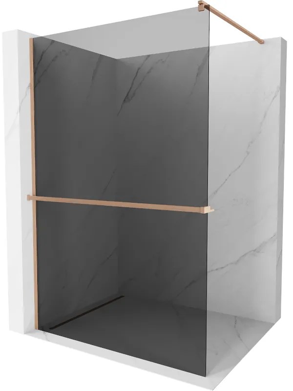 Mexen Kioto+, Walk-In zuhanyparaván polccal és akasztóval 100 x 200 cm, 8mm szürke üveg, réz matt profil, 800-100-121-65-40