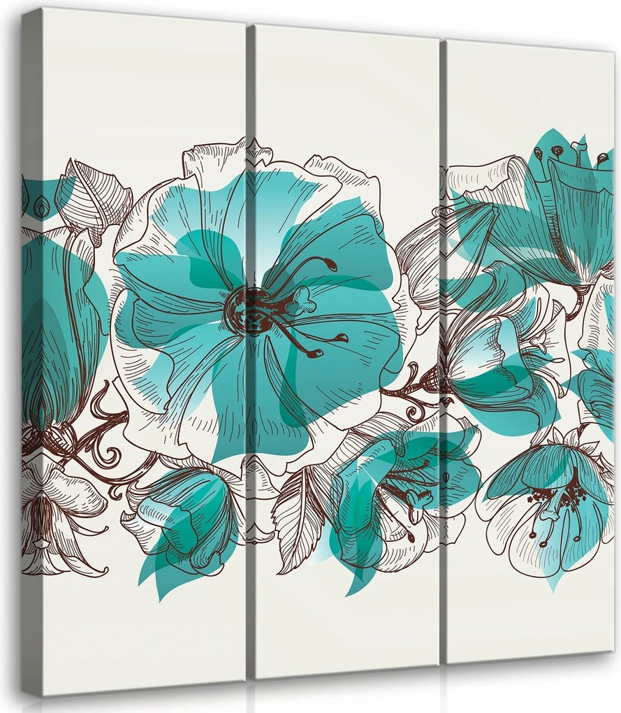 Vászonkép 90x100 Virágkompozíció triptichon akvarell türkiz frissesség elegancia