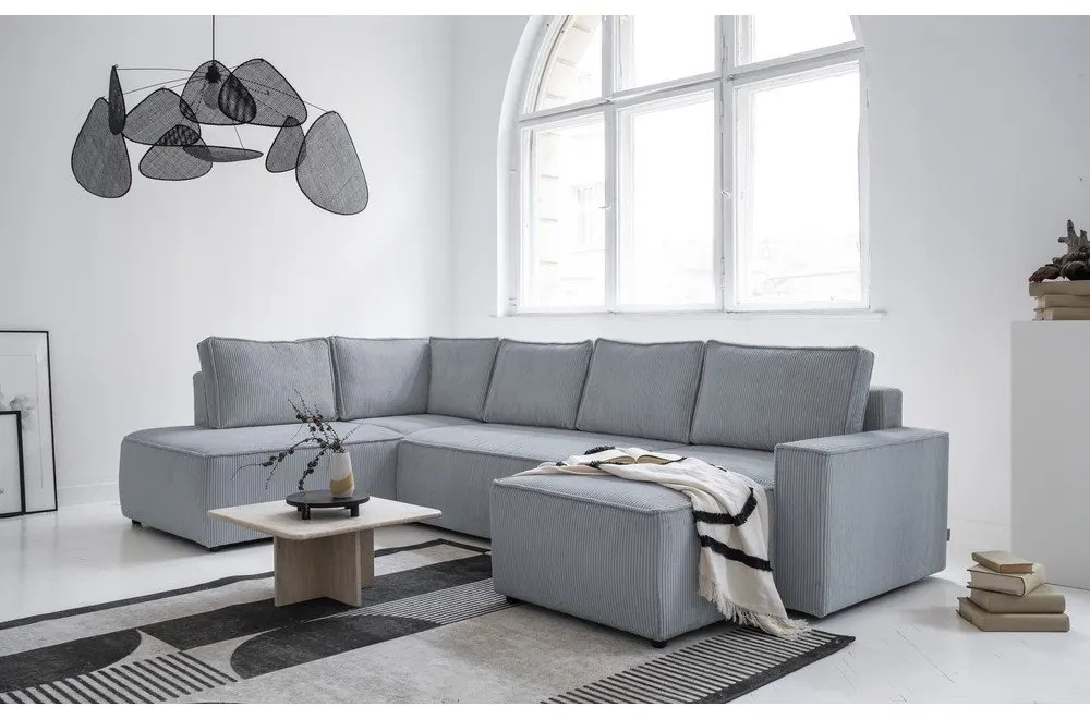 Világosszürke kordbársony kinyitható sarokkanapé (bal oldali-U alakú) Brave Dave – Miuform