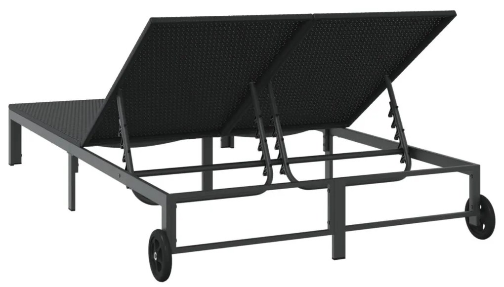 Napozóágy Párnákkal és Kerekekkel 2 Személyes Fekete Poli Rattan