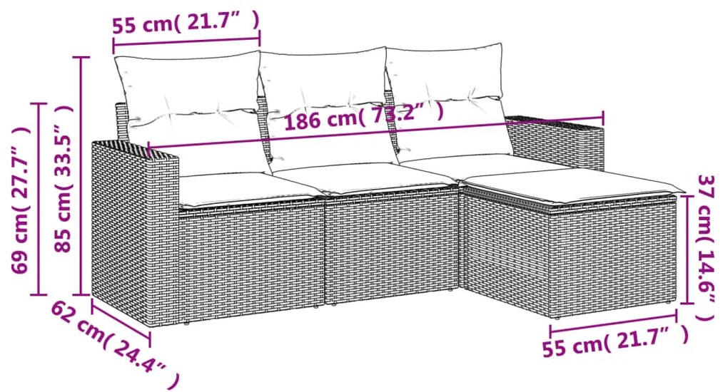 vidaXL 4 részes bézs polyrattan kerti ülőgarnitúra párnákkal