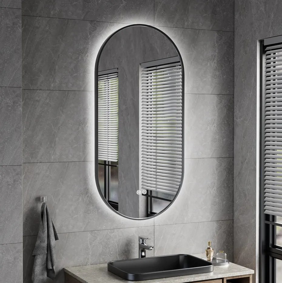 Erga Freya, ovális LED tükör 50x100cm fekete fém keretben, 3 világos szín, háttérvilágítás, páramentes fűtőpárna, ERG-V01-FREYA-5010-BK