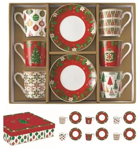 Karácsonyi porcelán eszpresszó csésze 6 db szett díszdobozban