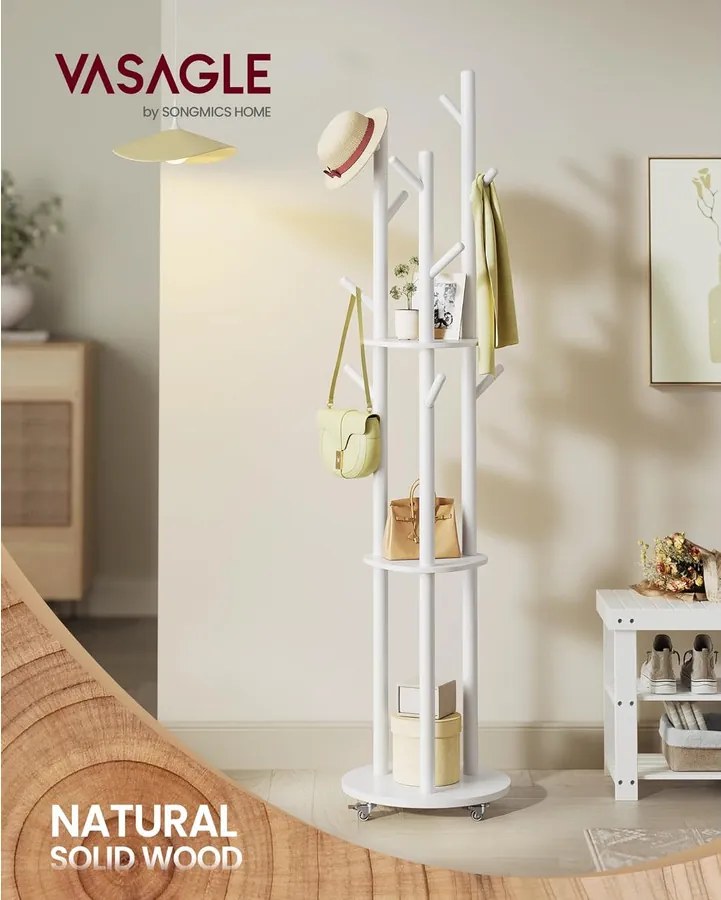 Szabadon álló fogasállvány 175 cm, ruhafa 11 akasztóval, felhőfehér