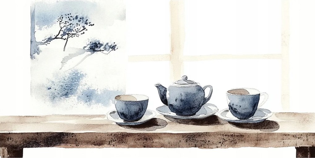 Vászonkép Canvas Japandi Orient Tea Csésze Teáskanna Ablak 60x40