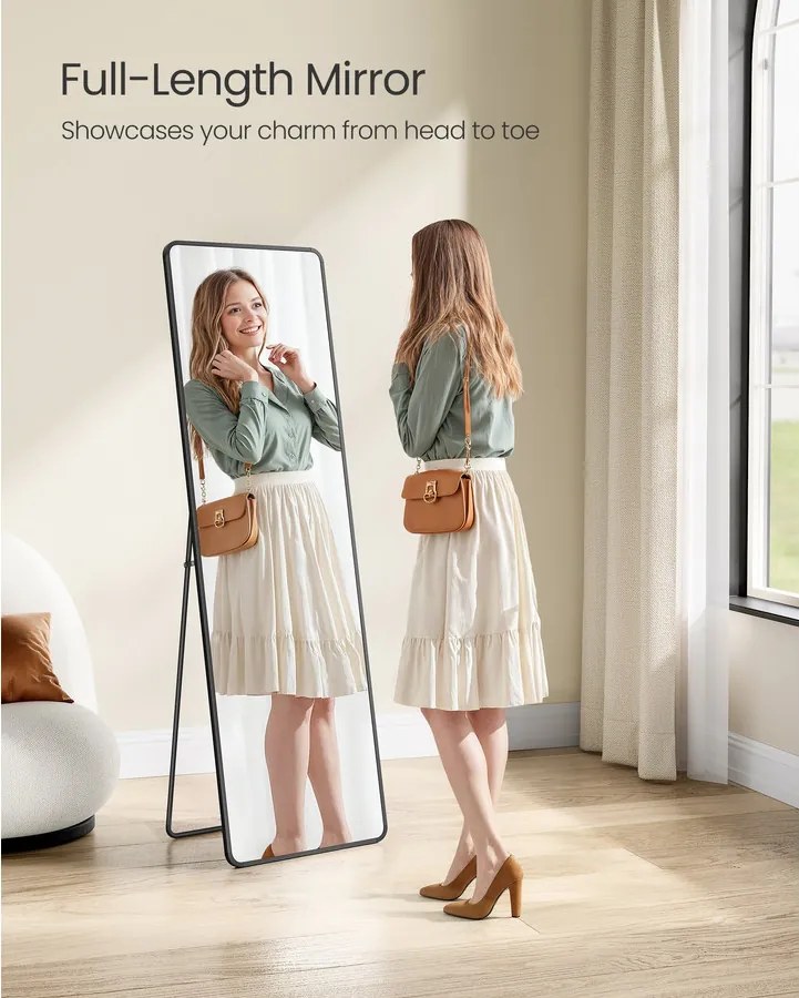 Állványos tükör, téglalap alakú, fekete, edzett üvegből, 150 x 40 cm