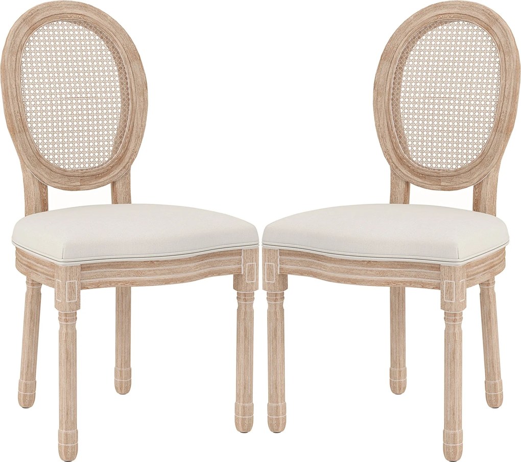 HOMCOM 2 db-os Étkezőszék Szett, Konyhai Szék Támlával, Kárpitozott Szék Vászon Hatású Anyagból, Rattan Hatású, Fa Lábú Étkezőszék Konyhához és Nappal