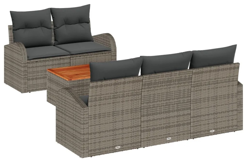 6 Részes Kertiszófa Szett Párnákkal Szürke Poli Rattan Akác, 2-Fős Kertiszófa Tárolóval ÉS Párnákkal Szürke Poli Rattan