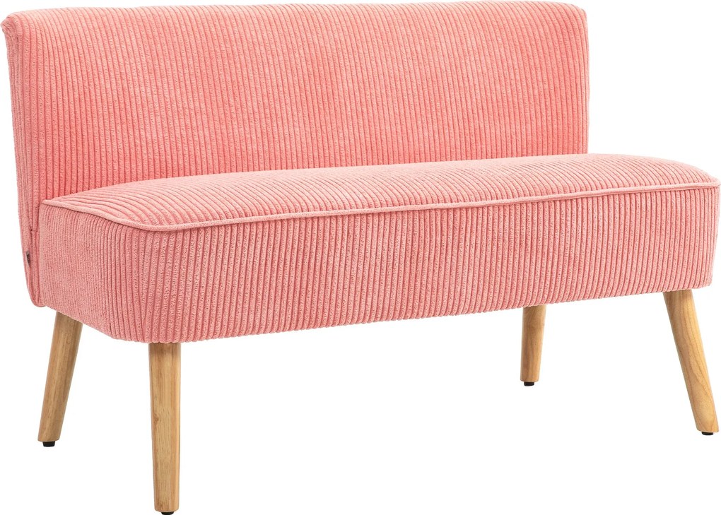 HOMCOM Kétfős Modern Kanapé Karfa Nélkül, Kárpitozott Kanapé Corduroy Hatással, Kis Lounge Kanapé Fa Lábakkal, 117 x 56,5 x 77 cm, Rózsaszín | Aosom
