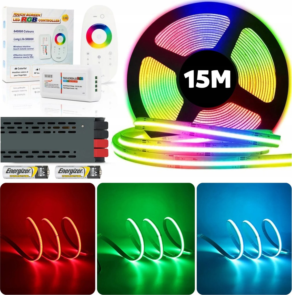 15M Cob Rgb neon Led szalag 840 dióda 15W 24V távirányítóval és tápegységgel