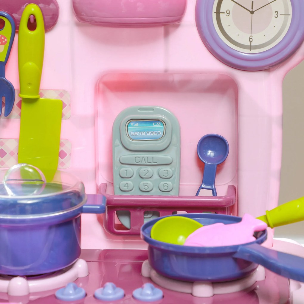 AIYAPLAY Gyerek Konyha Játék Készlet 38 DB - 3-6 éveseknek valósághű fényekkel és hangokkal, Rózsaszín | Aosom