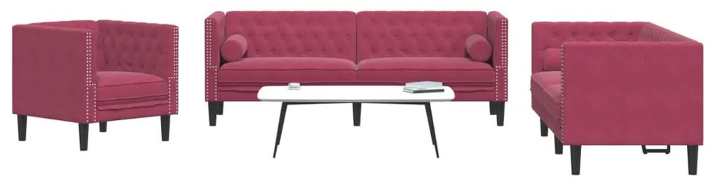 3 részes bordó bársony Chesterfield kanapészett hengerpárnákkal