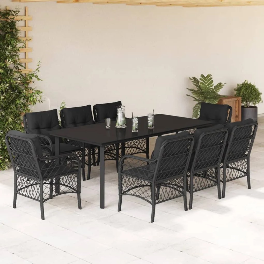 9 részes fekete polyrattan kerti étkezőgarnitúra párnákkal