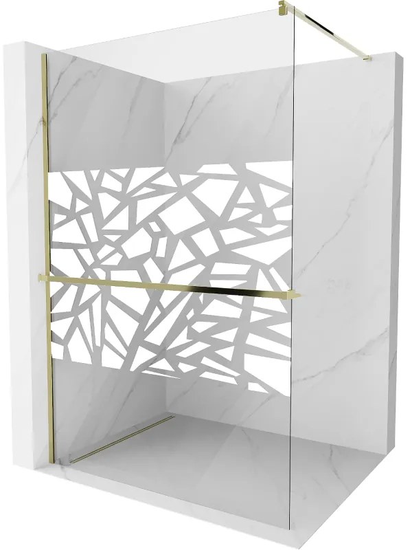 Mexen Kioto +, zuhany paraván polccal és törölközőtartóval 90 x 200 cm, 8mm átlátszó üvegmintás fehér, arany profil 800-090-121-50-85