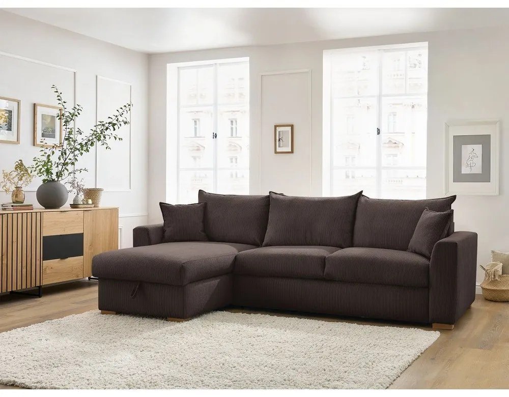 Barna kordbársony kinyitható sarokkanapé (variálható) Augustin – Bobochic Paris