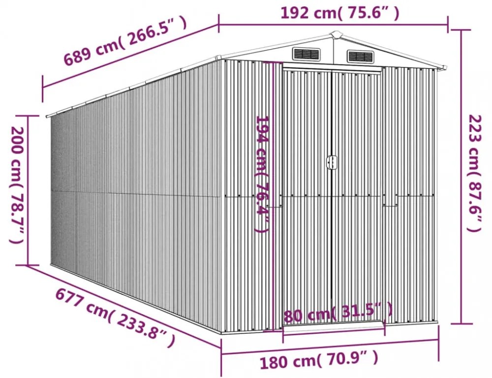 sötétbarna horganyzott acél kerti fészer 192 x 689 x 223 cm