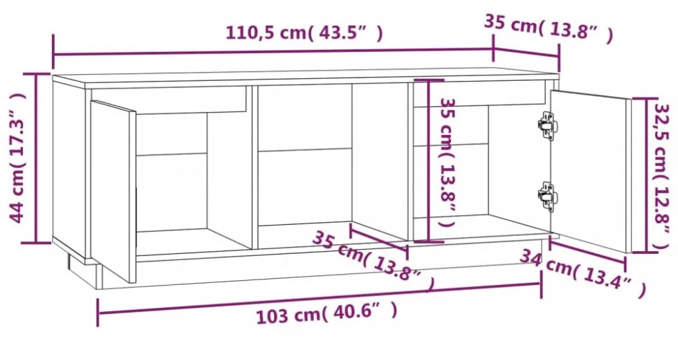 mézbarna tömör fenyőfa TV-szekrény 110,5x35x44 cm