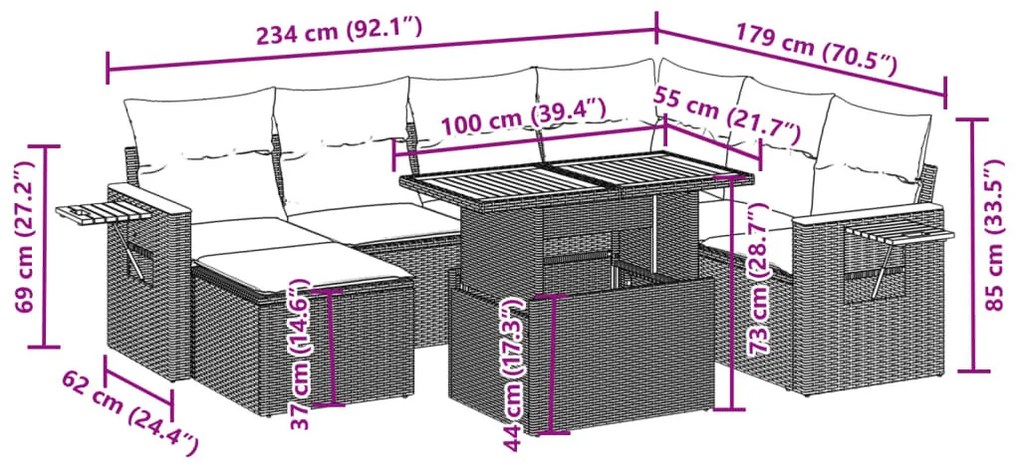 8 részes bézs polyrattan kerti ülőgarnitúra párnával