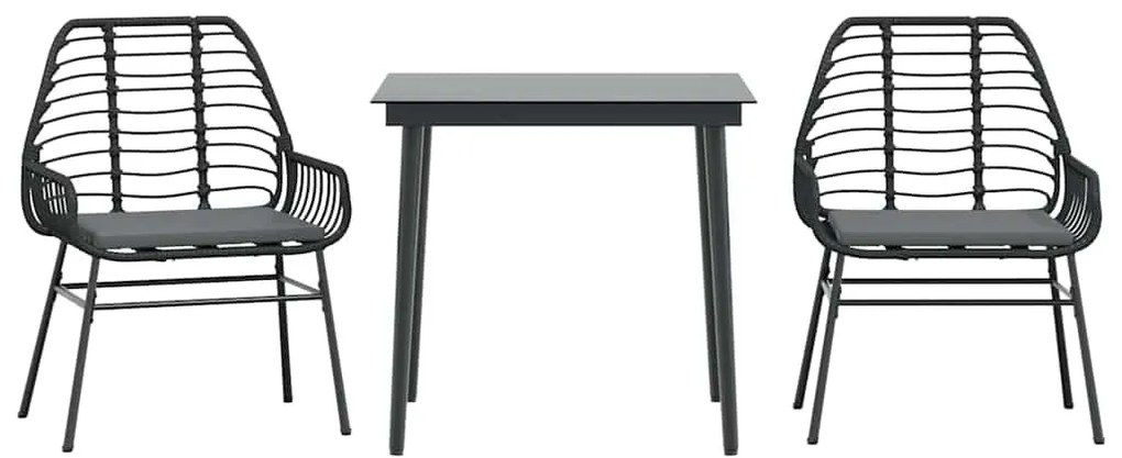 3 részes fekete polyrattan üveg kerti étkezőgarnitúra párnákkal