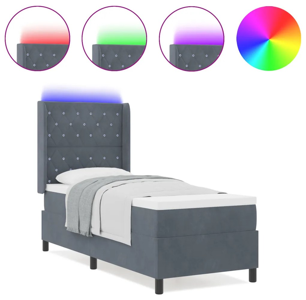 Boxspring ágy matraccal és LED, sötétszürke, 80x200 cm, bársony