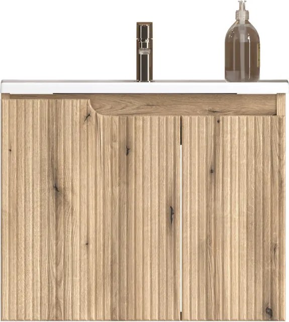 Piramida EURIDIKA fali fürdőszobabútor - műmárvány mosdóval -2 ajtós - PINO TÖLGY - 65 x 48 x 53 cm