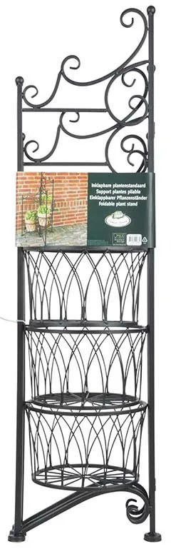 Összecsukható kovácsoltvas virágtartó állvány, 3 fém kosárral, 49 x 98 cm