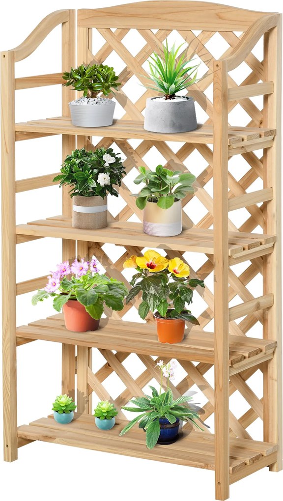 Outsunny Kültéri Virágtartó, Összecsukható Erkélyi Virágcserép Tartó 4 Magasságban Állítható Polccal, Kert és Otthoni Dekorálás Fából, 67x33x123cm | A