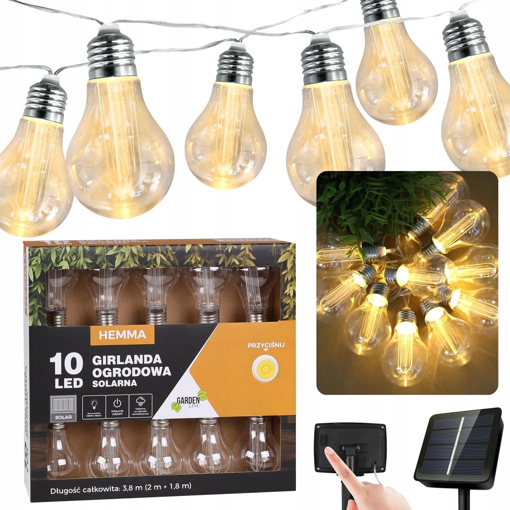 Napelemes kerti Erkély Terasz girland 10 Led fénylánc 3,8m