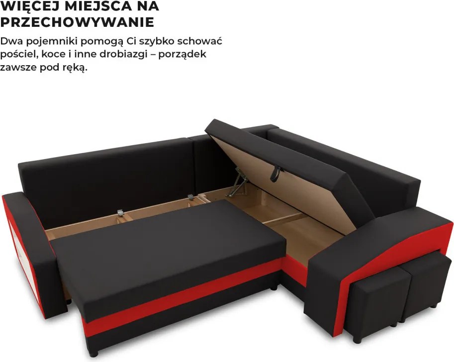 Grande sarokkanapé polcokkal és puffokkal , polc a bal karfaban puffok a jobb karfaban, jobboldali, szövet anyag, hab töltet, fekete - piros