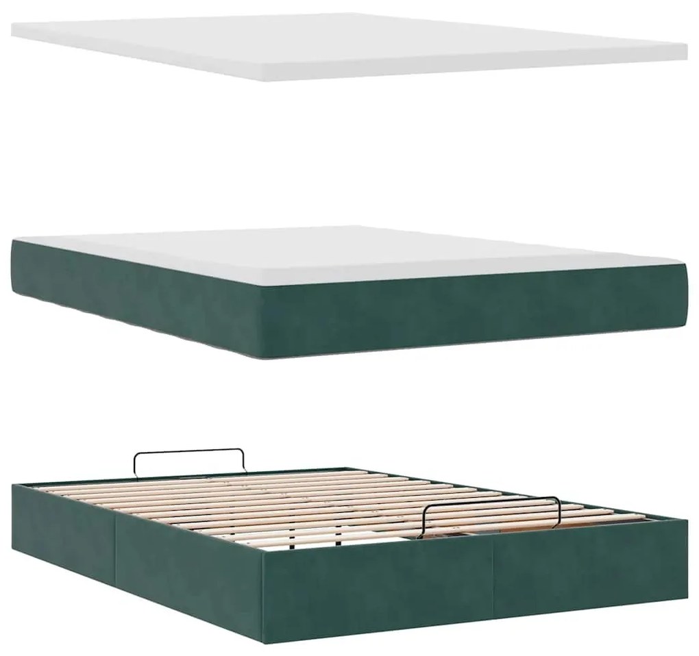 Ottomán ágykeret matraccal sötétzöld 140x190cm bársony
