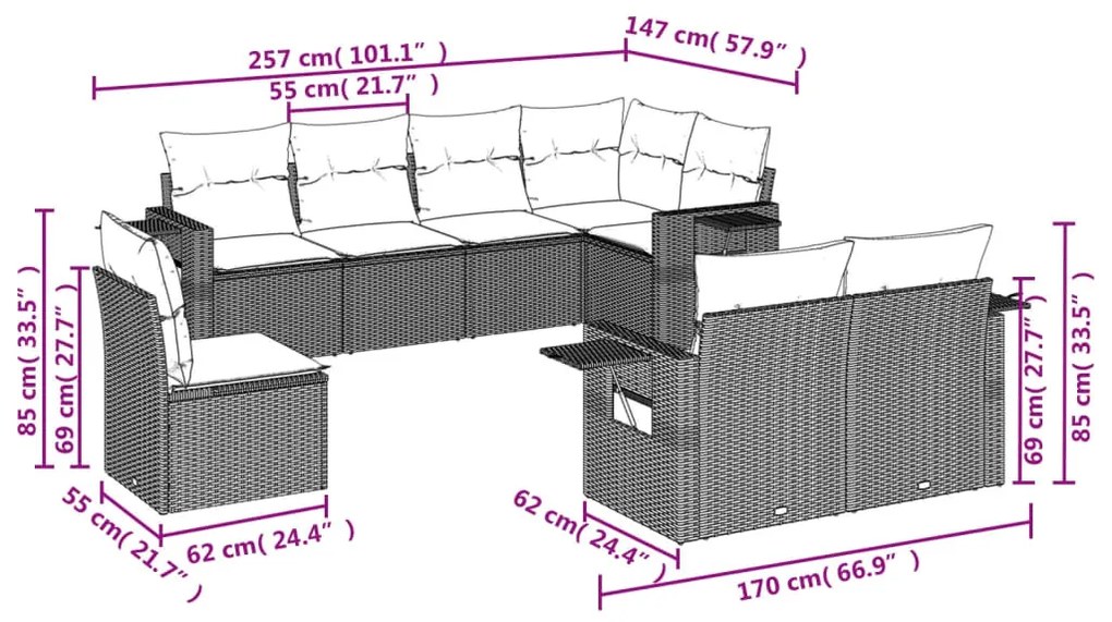 8 részes világosszürke polyrattan kerti ülőgarnitúra párnával