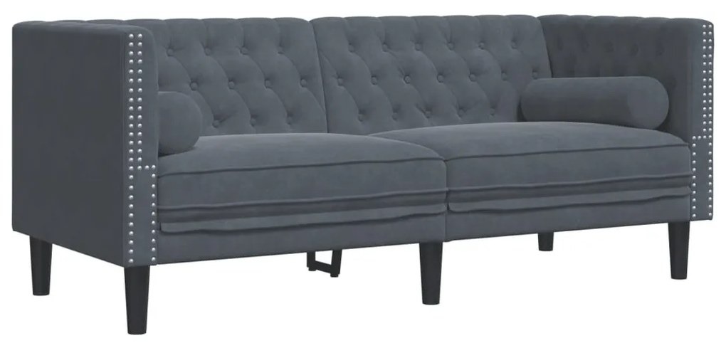 2 személyes sötétszürke bársony Chesterfield kanapé párnákkal