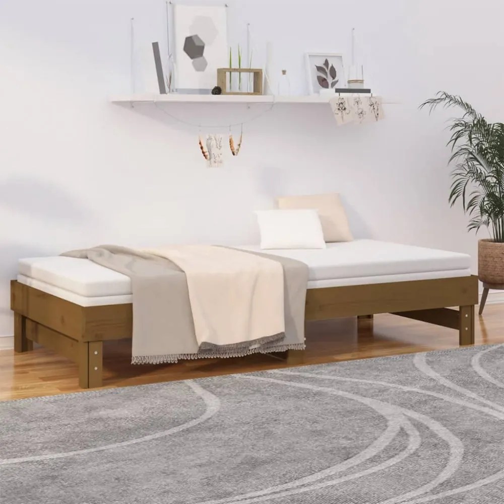 mézbarna tömör fenyőfa kihúzható kanapéágy 2x(100x200) cm