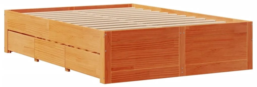 barna tömör fenyőfa fiókos ágykeret matrac nélkül 140 x 190 cm