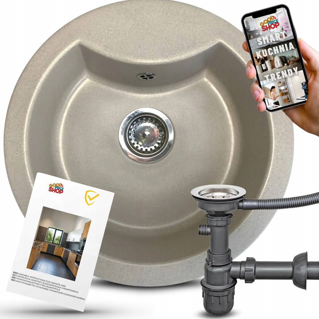 Gránit Mosogató Egymedencés Sötét Bézs Kerek 45CM-ES Szekrényhez