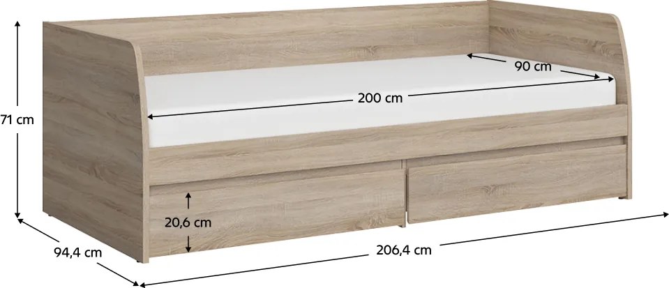 Ágy 2S, 90x200, sonoma tölgy, NORTY TYP 28