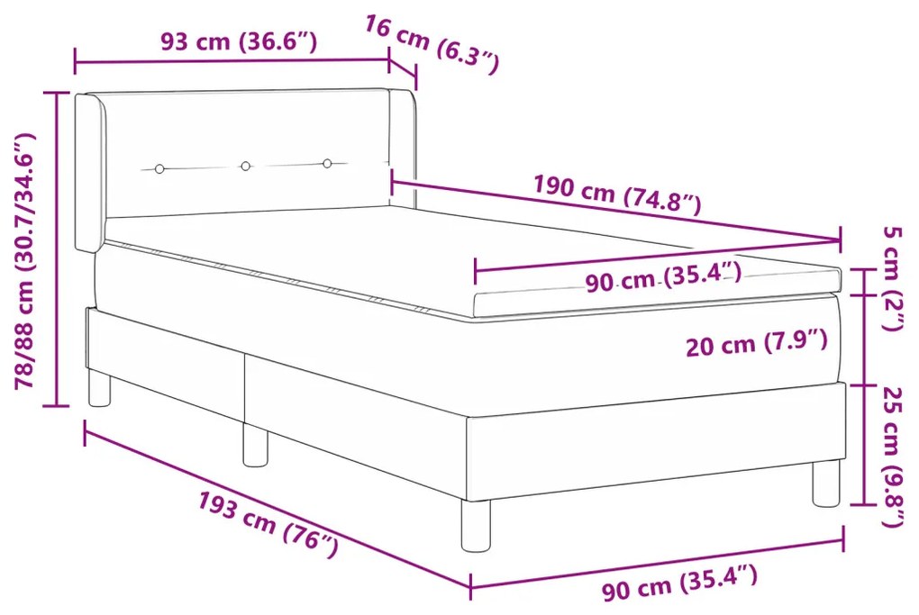Boxspringágy matraccal sötétszürkében, 90 x 190 cm, szövet