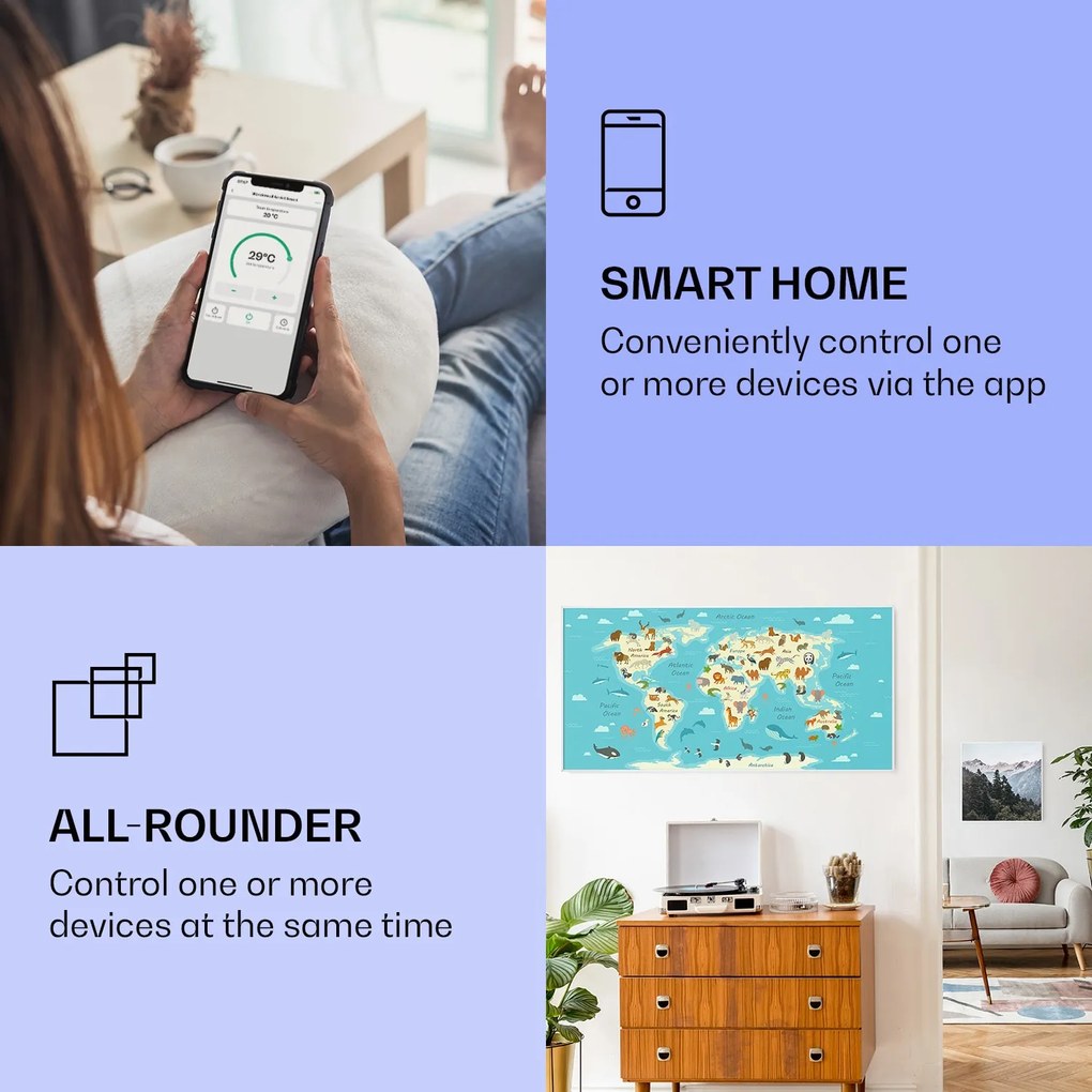 Klarstein Wonderwall Air Art Smart, infravörös hősugárzó, 120 x 60 cm, 700 W, térkép állatokkal