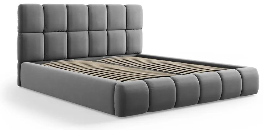 Szürke bársony kárpitozott ágyneműtartós franciaágy ágyráccsal 160x200 cm Bellis – Micadoni